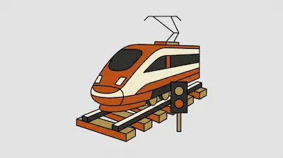 Flat illustration of an orange and white high speed train on a track with a signal light on a light grey background