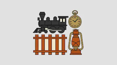Flat illustration of a steam locomotive, a pocket watch, a section of train track, and a lantern on a gray background