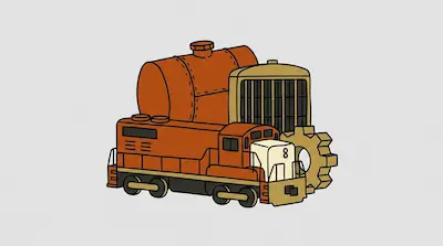 Flat illustration of an orange train locomotive, a large industrial tank, and a gear on a light gray background