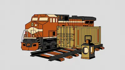 Flat illustration of an orange freight locomotive on tracks next to a shipping container and a lantern