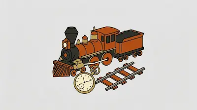 Flat illustration of an orange steam locomotive with a coal car, a pocket watch, and a section of train tracks