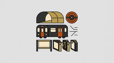 Flat illustration of a subway train, turnstiles, and a tunnel entrance in a minimalist graphic style on a gray background