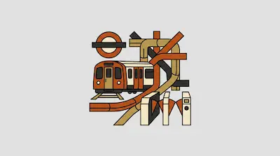 Flat illustration of a subway train, a round station sign, and ticket gates with orange and tan geometric pipes
