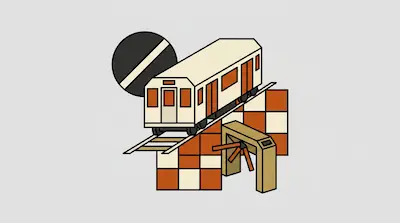 Flat illustration of a subway train on tracks above a turnstile and checkered tiles against a gray background