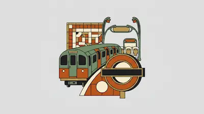 Flat illustration of a green and orange subway train next to a round station sign and a tiled wall on a gray background