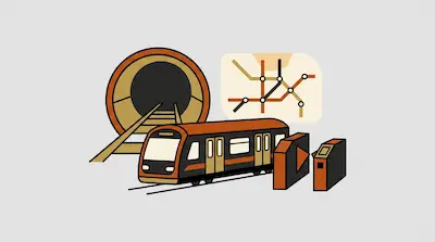 Flat illustration of a subway train, a transit map, and a tunnel entrance in orange and black tones on a gray background