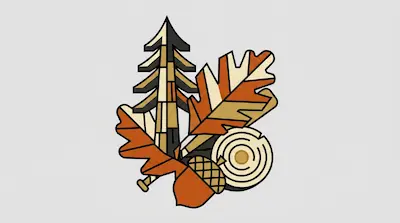 A stylized arrangement of a pine tree, oak leaves, an acorn, and a log cross-section in earth tones.