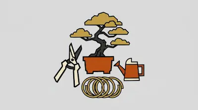 A bonsai tree in a pot surrounded by pruning shears, a watering can, and coils of wire.