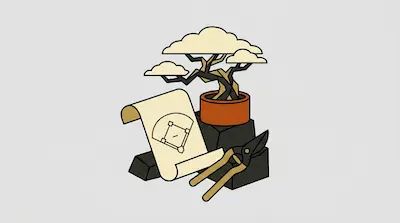 A bonsai tree in a pot sits next to a scroll showing a baseball field diagram and a pair of pruning shears.