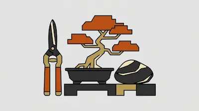 A pair of garden shears, a bonsai tree in a pot, and a decorative rock arranged on a dark stand.