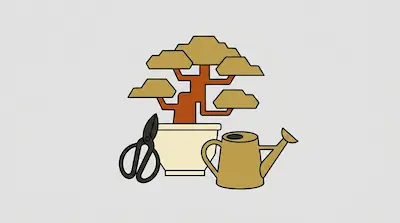 A bonsai tree in a pot sits between a pair of pruning shears and a watering can.