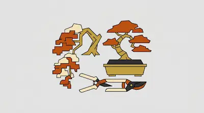 Two stylized bonsai trees and a pair of pruning shears in a geometric art style.