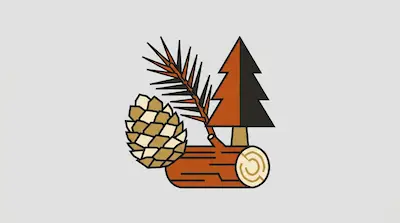A stylized graphic of a pinecone, a pine branch, a small evergreen tree, and a log.