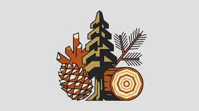 A geometric arrangement of a pine tree, pine cone, log cross-section, leaf, and pine branch.