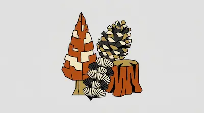 A tall orange tree, a large pinecone, a tree stump, and fan-shaped mushrooms in a geometric style.