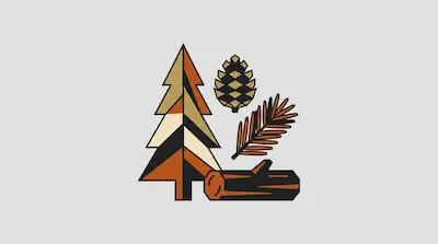 A stylized pine tree, pinecone, pine branch, and log in a geometric design.