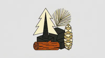 A stylized arrangement of a pine tree, pine needles, a pine cone, a log, and dark blocks.