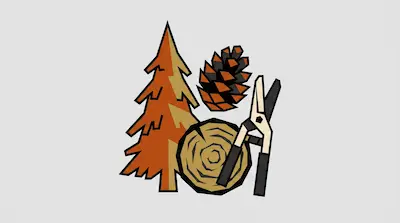 A geometric pine tree, pinecone, log cross-section, and pruning shears.