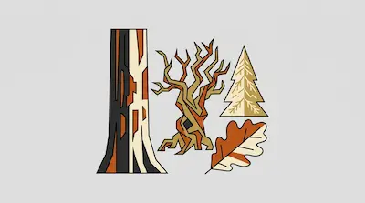 Stylized geometric illustrations of a tree trunk, a bare tree, a pine tree, and an oak leaf.