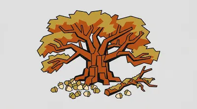 A stylized oak tree with orange and yellow leaves, a pile of acorns, and a fallen branch.