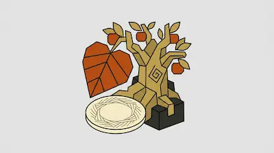 A geometric tree with orange fruit and a large leaf sits behind a round woven basket.