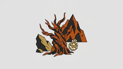 A gnarled orange and black tree stands between jagged rocks and a pinecone, with mountains in the background.