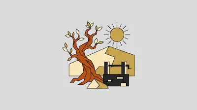 A geometric illustration of a gnarled tree, a sun with rays, and a well in a desert landscape.