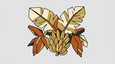 A bunch of yellow bananas surrounded by large tan and orange leaves in a geometric art style.