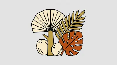 Stylized tropical leaves and coconuts in muted earth tones with thick black outlines.