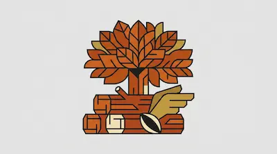 A stylized tree with orange and yellow leaves sits atop a stack of logs.