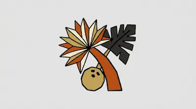 A stylized palm tree with orange and tan fan leaves, a dark grey monstera leaf, and a tan coconut.