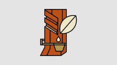 A stylized rubber tree trunk with diagonal cuts, a drop of latex falling into a collection cup, and a single leaf.