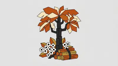 A geometric tree with orange and cream leaves stands above a bundle of logs and white flowers.