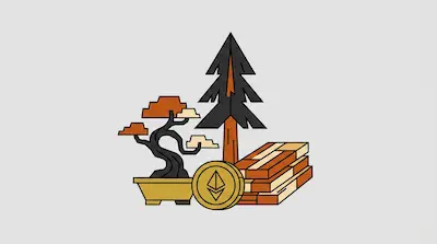 A bonsai tree, a tall pine tree, a gold Ethereum coin, and a stack of wooden planks.