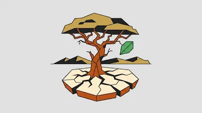 A geometric tree with a single green leaf stands on a cracked, hexagonal patch of dry earth with mountains in the background.