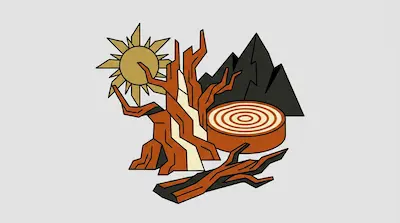 A stylized graphic of a sun, a gnarled tree, a log cross-section, and jagged mountains.