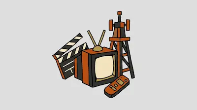 A clapperboard, a vintage television with antennas, a remote control, and a broadcast tower.