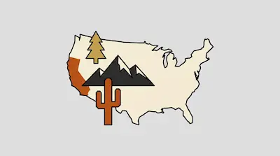 A map of the United States featuring icons of a pine tree, mountains, and a cactus, with California highlighted in orange.