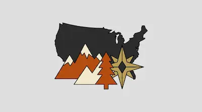 Flat illustration of a black United States map silhouette with orange mountains, a pine tree, and a gold compass rose.