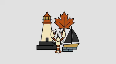 Flat illustration of a lighthouse, a maple leaf, a lobster, and a sailboat in a minimalist graphic style on gray.