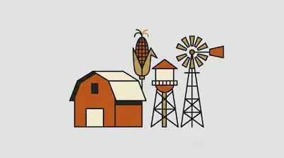 Flat illustration of a red barn, a tall corn cob, a water tower, and a windmill on a light gray background