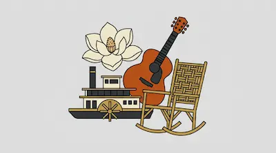 Flat illustration of a magnolia flower, an acoustic guitar, a riverboat, and a rocking chair on a light gray background