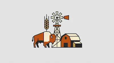 Flat illustration of a brown bison, a tall windmill, a stalk of wheat, and a barn on a plain light background