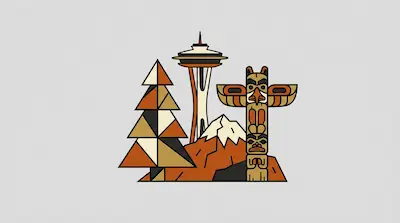 Flat illustration of a geometric pine tree, a tall observation tower, and a totem pole against a grey background