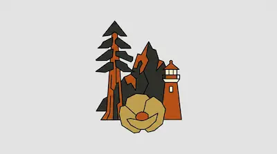 A stylized, geometric arrangement of a tall tree, mountain peaks, a lighthouse, and a large flower.