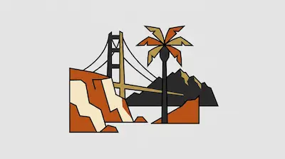 A geometric landscape featuring a suspension bridge, a palm tree, and rocky cliffs in earth tones.