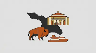 Flat illustration of Catalina Island with bison, historic building, and ferry boat on water below