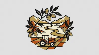 Flat illustration of Central Valley with farming tractor, fruit trees, and cultivated agricultural fields