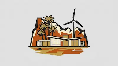 Flat illustration of Coachella Valley with modern building, wind turbine, and desert canyon landscape