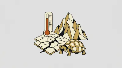 A thermometer showing a high temperature, cracked earth, a mountain, and a tortoise in a geometric style.